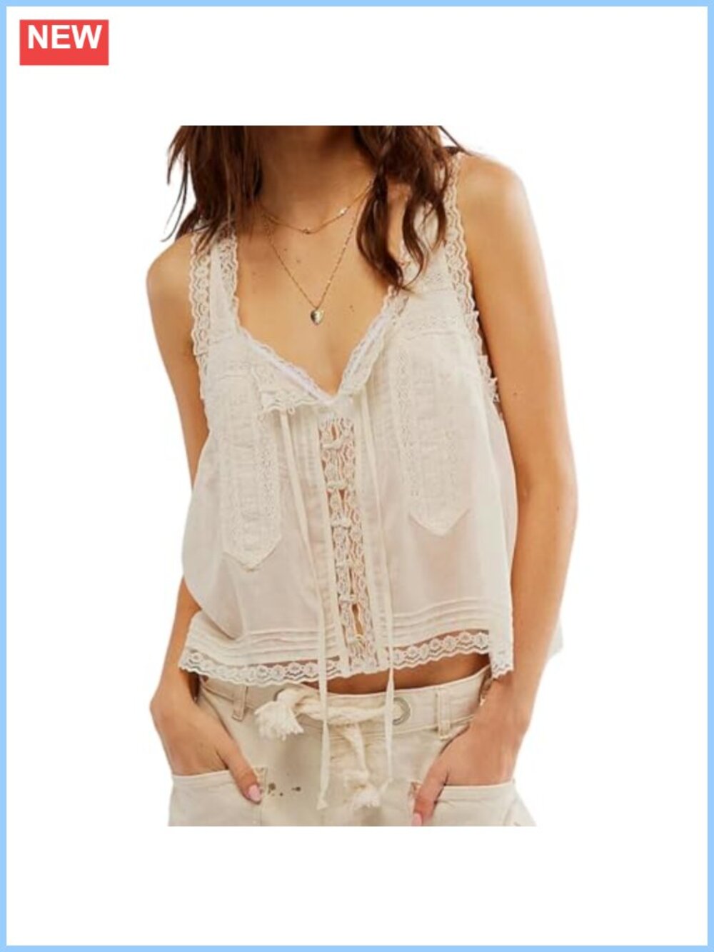 Sleeveless Ruffled Lace Trim Chiffon Crop Top Scoop Neck Button Down Tie
